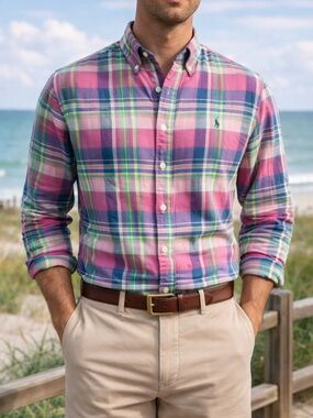 Ralph Lauren Madras Plaid Linen Shirt Classic Fit L Pink Preppy